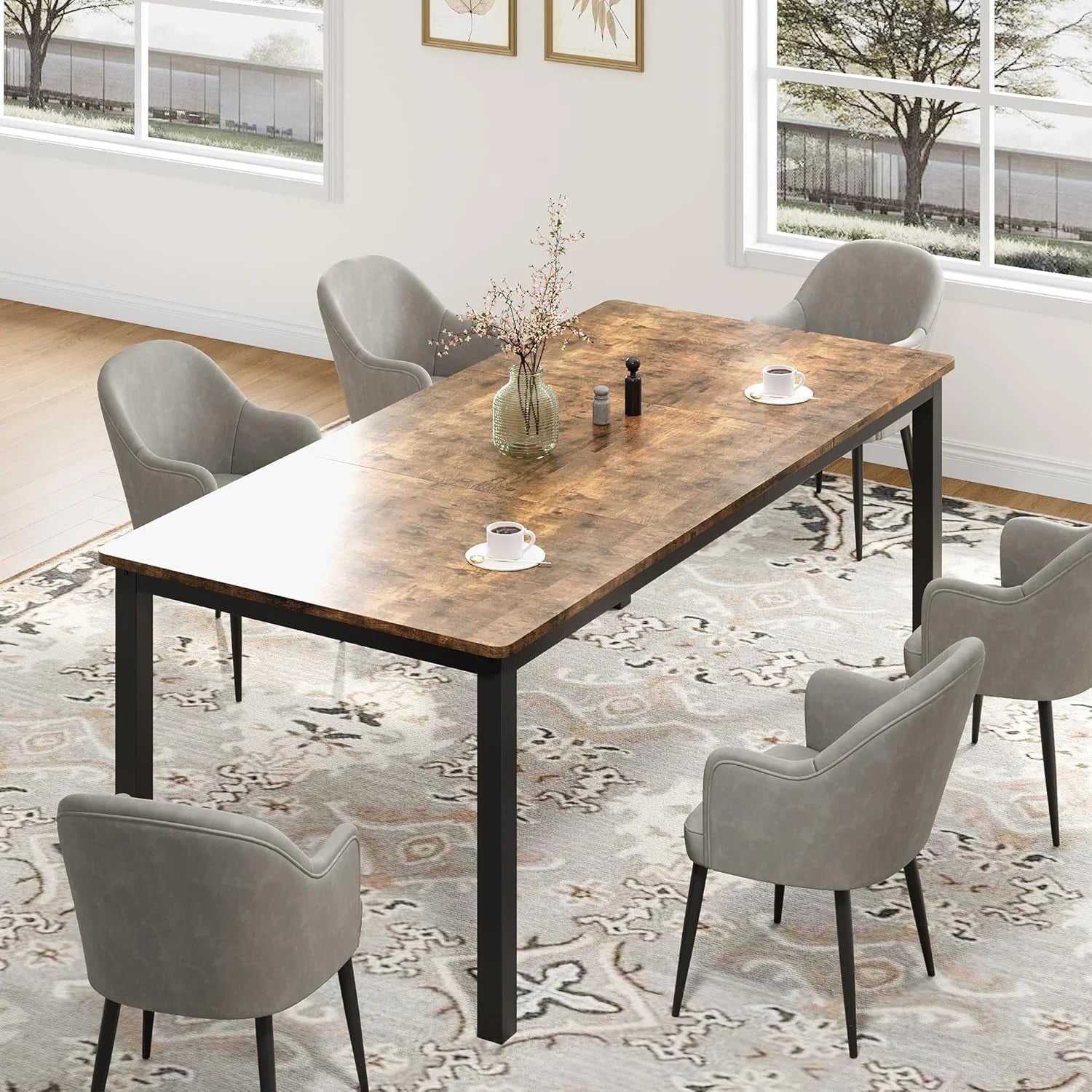 78.7in Industrial Dining Table for 8, Wooden Long Dinner Table with Mortise Tenon Design, Kitchen Table with Sturdy Metal Legs, for Dining Room Home Office Living Room, Retro Brown