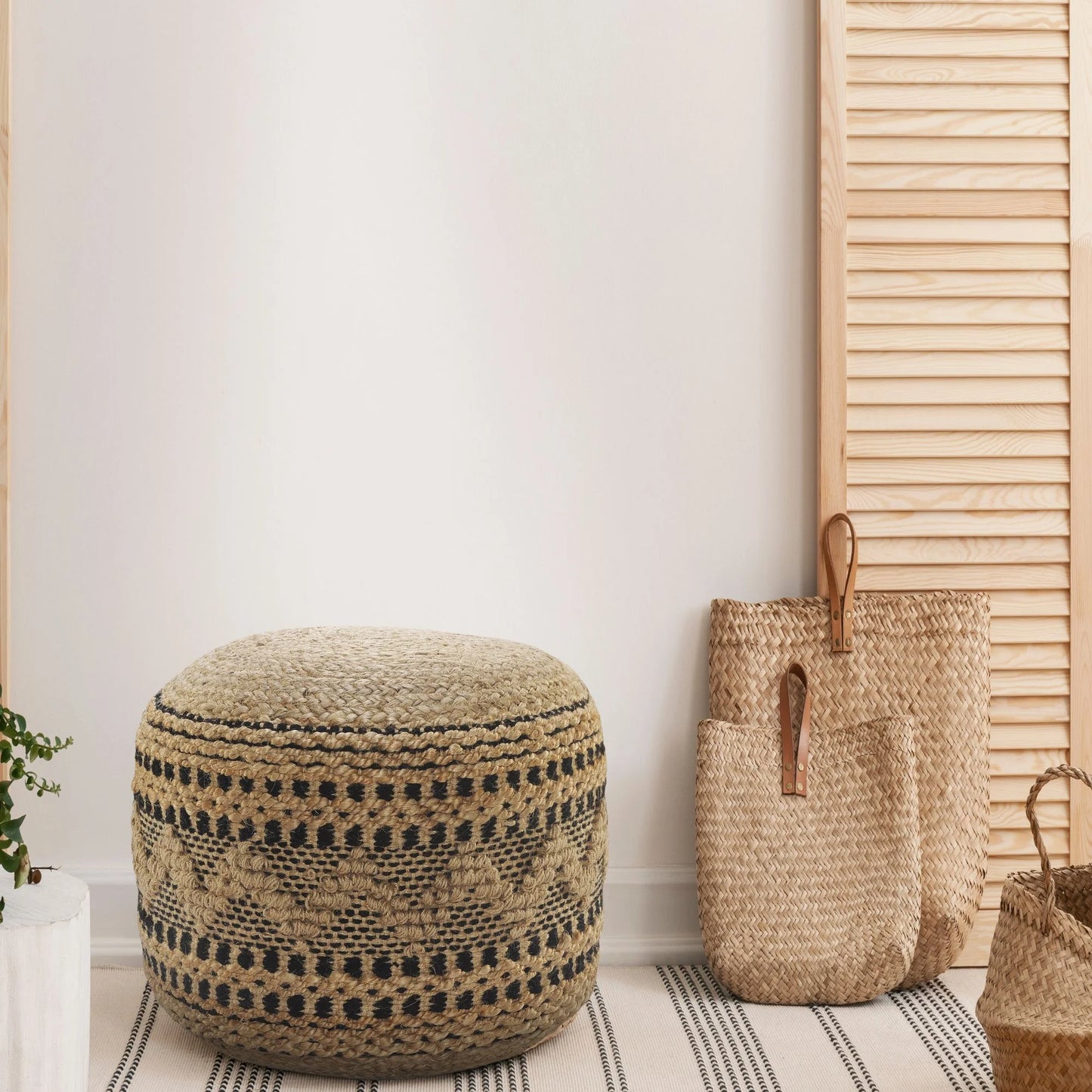 Laddha Home Designs 18" Tan and Black Chevron Handcrafted Round Pouf Ottoman