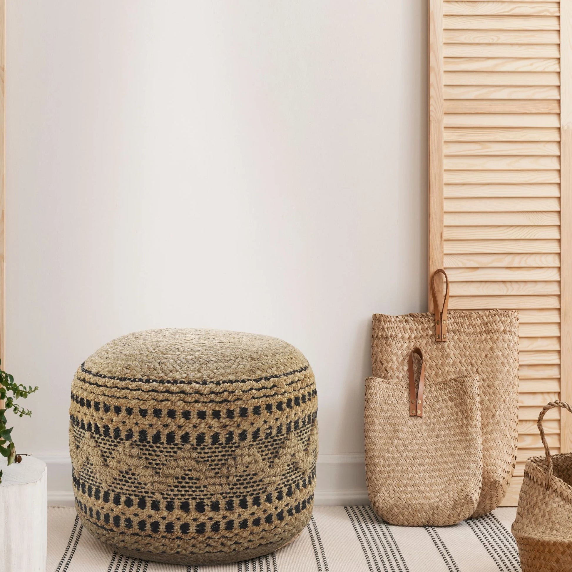 Laddha Home Designs 18" Tan and Black Chevron Handcrafted Round Pouf Ottoman