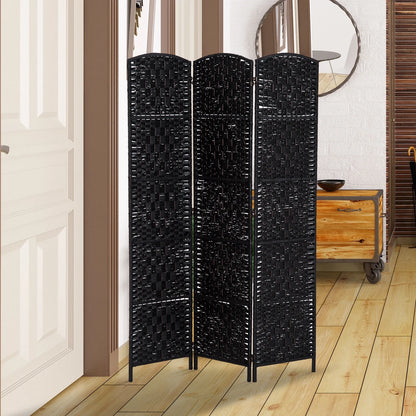 HomCom 6' Tall Wicker Weave 3 Panel Room Divider Privacy Screen - Black Wood
