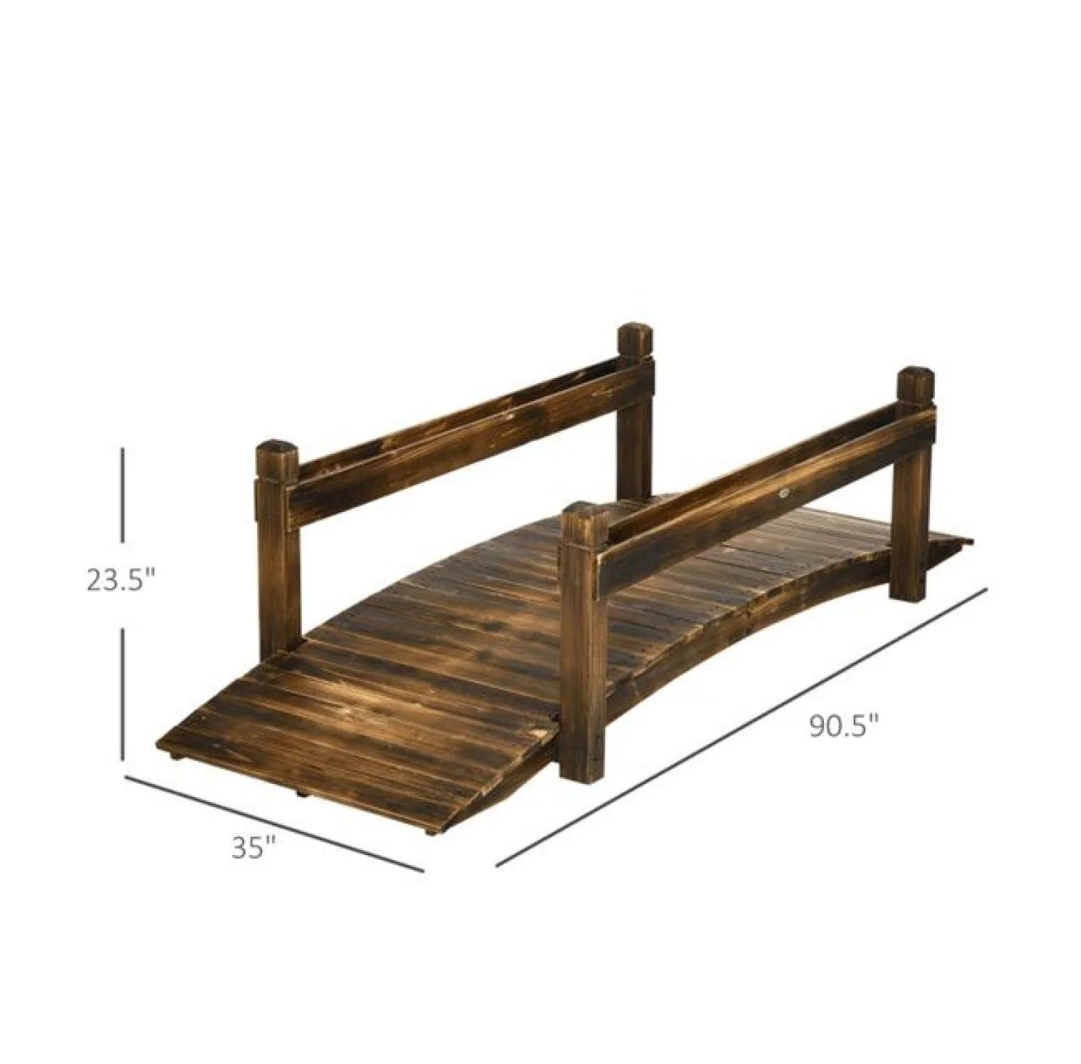 Wooden Garden Bridge Arc Footbridge 90.5" - Stained Fir Wood Outdoor Bridge with Planters - Zen Garden Decor, Walkways, Pond & Stream