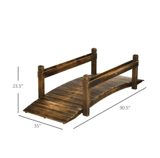 Wooden Garden Bridge Arc Footbridge 90.5" - Stained Fir Wood Outdoor Bridge with Planters - Zen Garden Decor, Walkways, Pond & Stream
