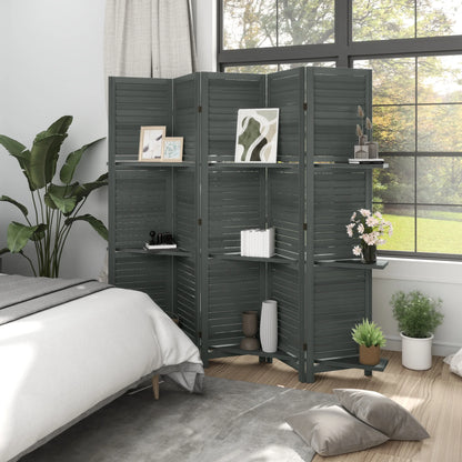 HOMCOM 5 Panel 67" Tall Wood Privacy Screen Room Divider with 3 Display Shelves, and Folding Storage for Bedroom or Home Office, Gray