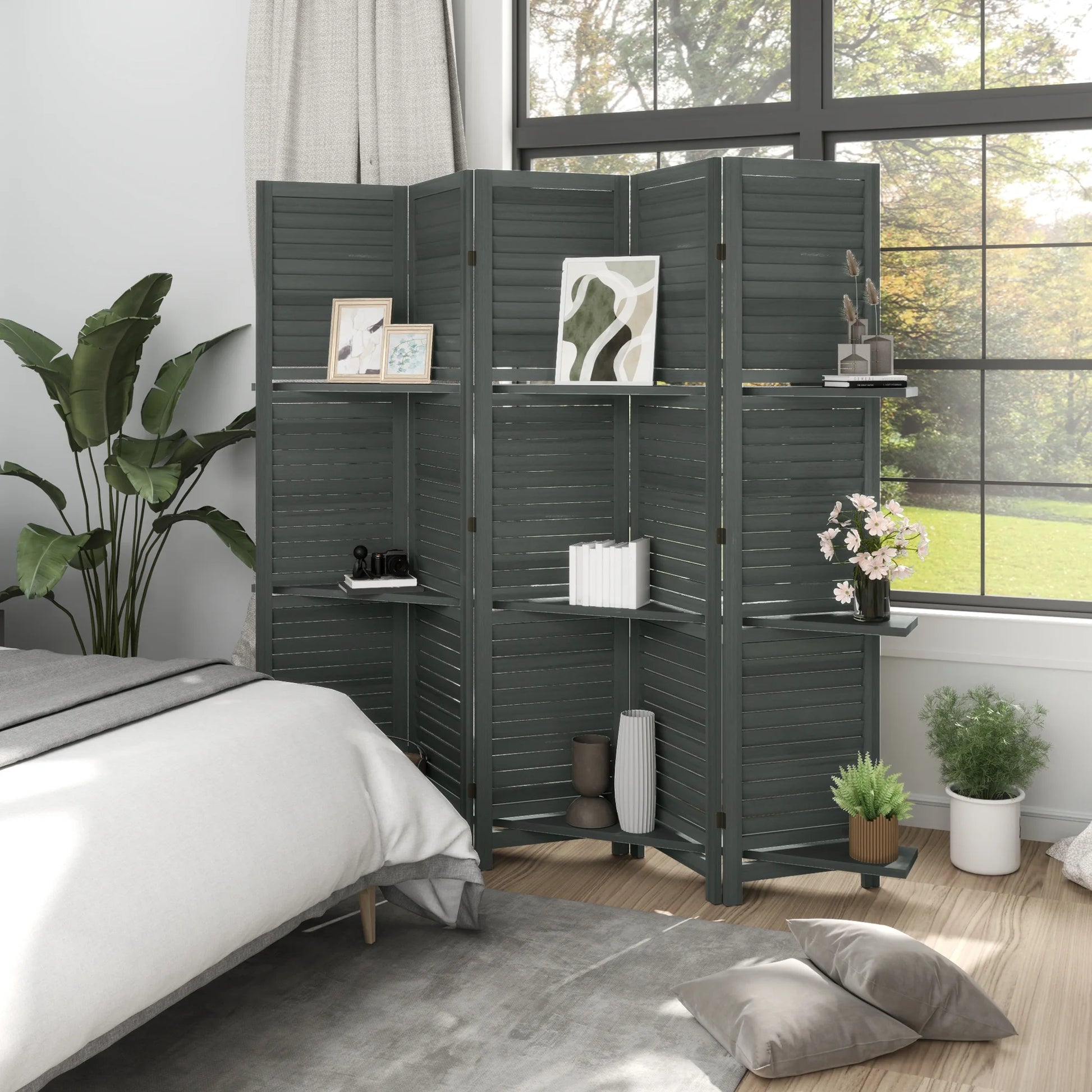 HOMCOM 5 Panel 67" Tall Wood Privacy Screen Room Divider with 3 Display Shelves, and Folding Storage for Bedroom or Home Office, Gray