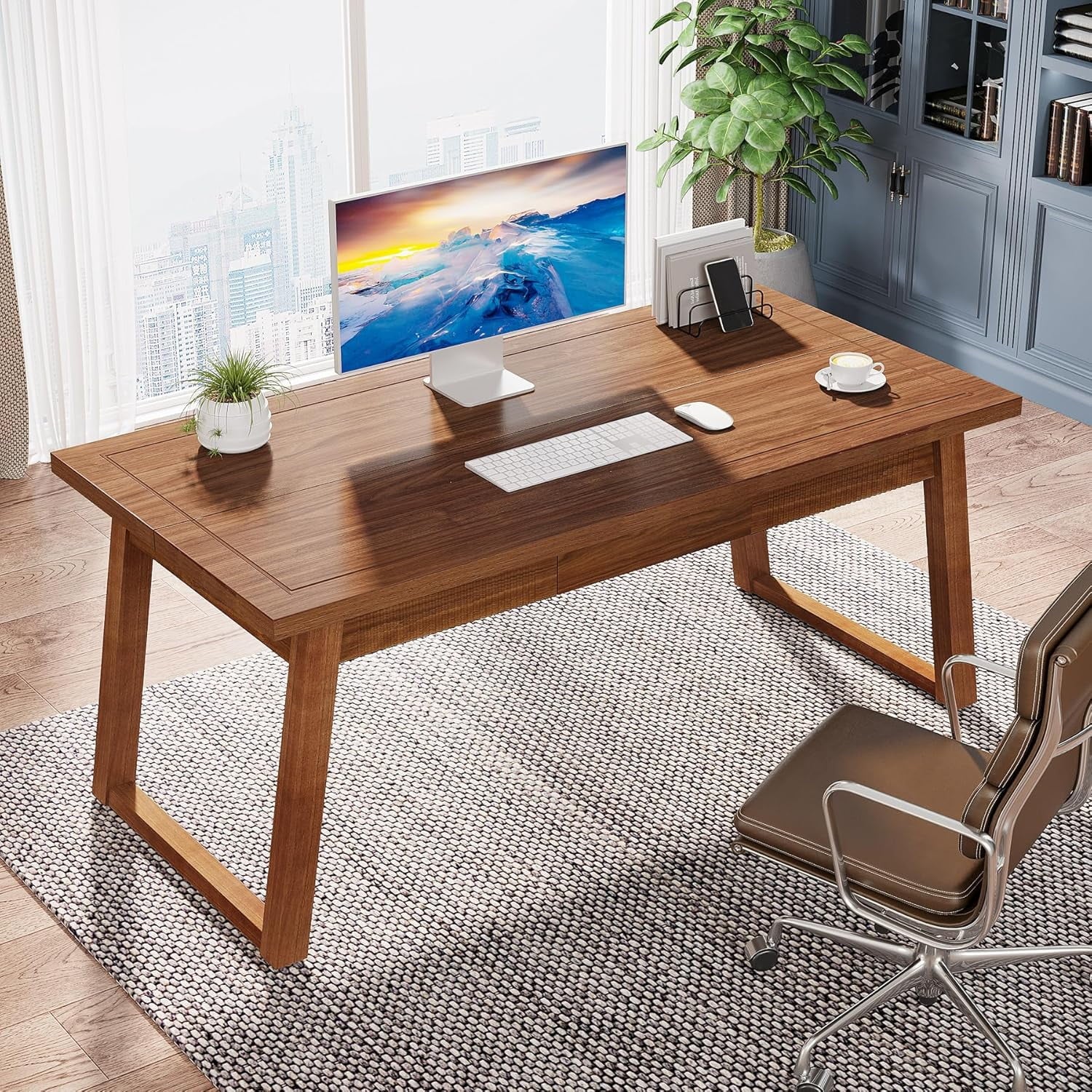 Executive Desk, 55 Inches Solid Wood Computer Desk with Drawer for Home Office