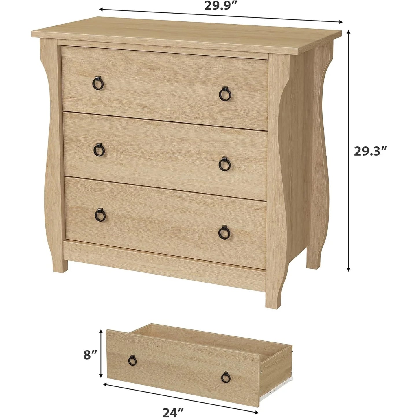 M optimized Wood 3-Drawer Dresser, Boho Dresser with Curved Legs, Rattan Accents, and Freestanding Storage for Living Room, Bedroom, Entryway, or Balcony