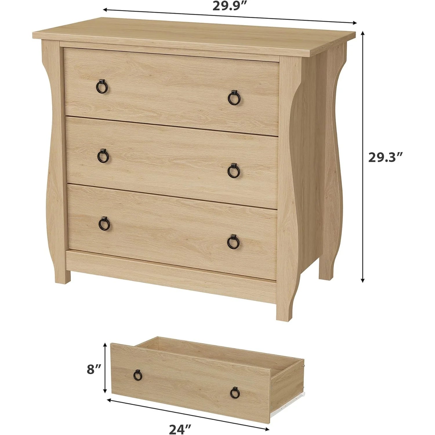 M optimized Wood 3-Drawer Dresser, Boho Dresser with Curved Legs, Rattan Accents, and Freestanding Storage for Living Room, Bedroom, Entryway, or Balcony