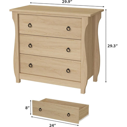 M optimized Wood 3-Drawer Dresser, Boho Dresser with Curved Legs, Rattan Accents, and Freestanding Storage for Living Room, Bedroom, Entryway, or Balcony