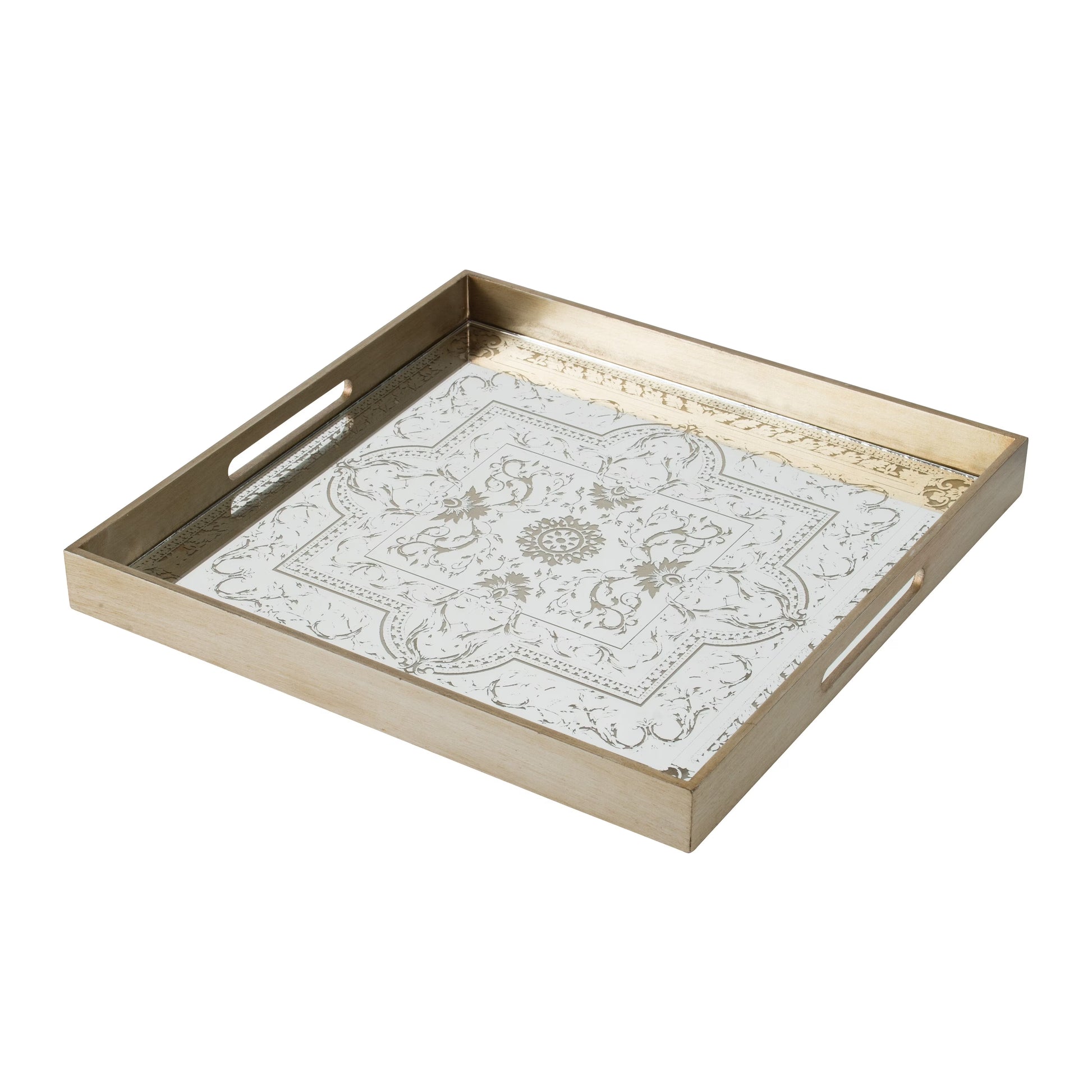 Miki 20 Inch Square Decorative Tray, Artisan Mirrored Floral Pattern, Gold