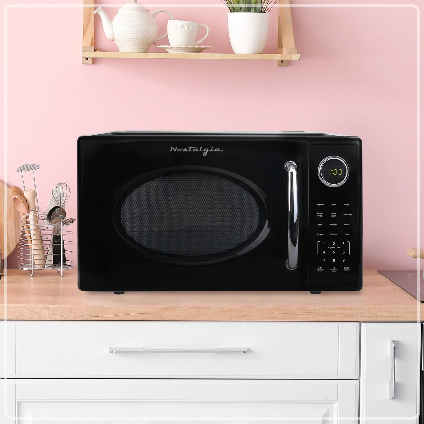 Nostalgia Retro Microwave Oven - 1.1 Cu Ft & 1000-Watt Countertop Size with Glass Turntable, Child Safety Lock, 8 Auto-Cook Programs & Digital Clock - Black