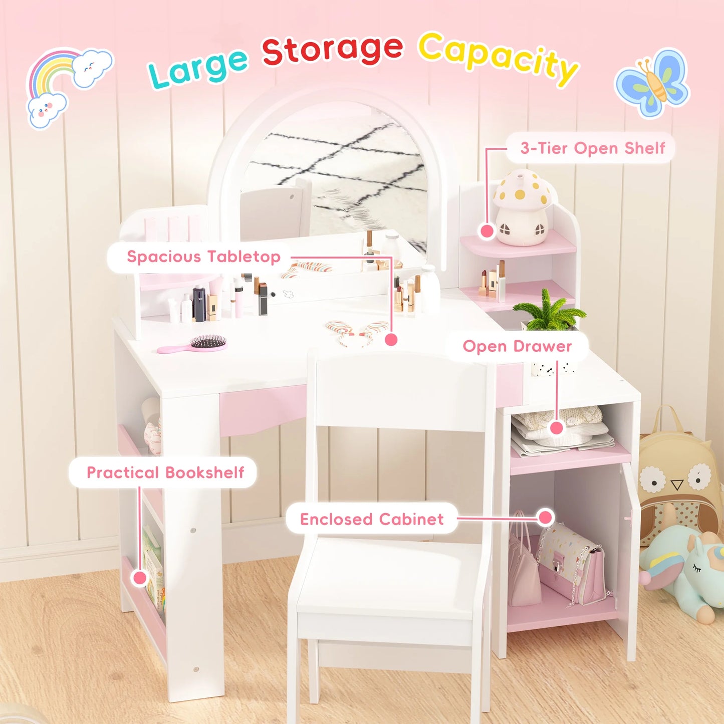 Kids 2-in-1 Princess Vanity Table Set with Jewelry Storage and Open Shelves, White
