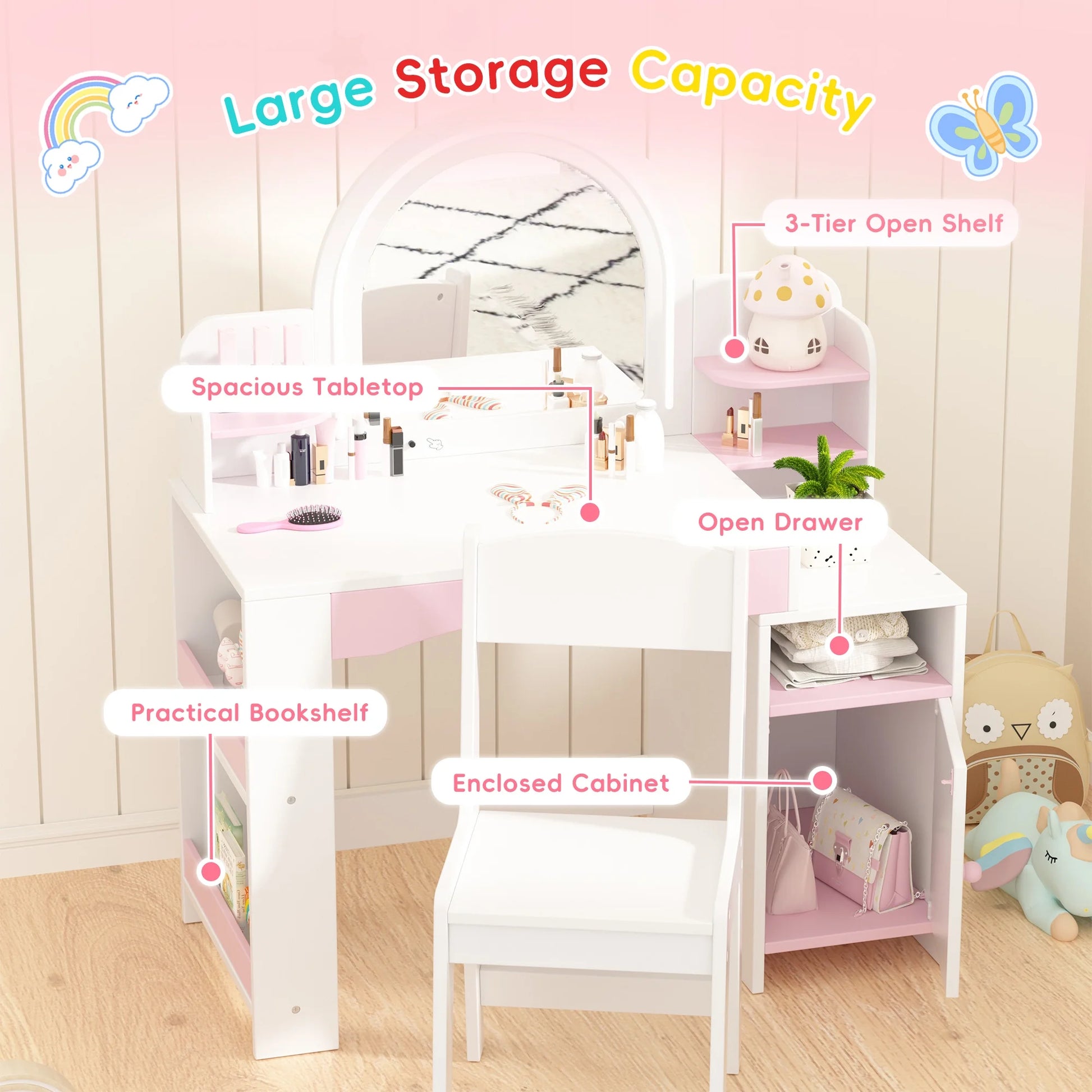 Kids 2-in-1 Princess Vanity Table Set with Jewelry Storage and Open Shelves, White