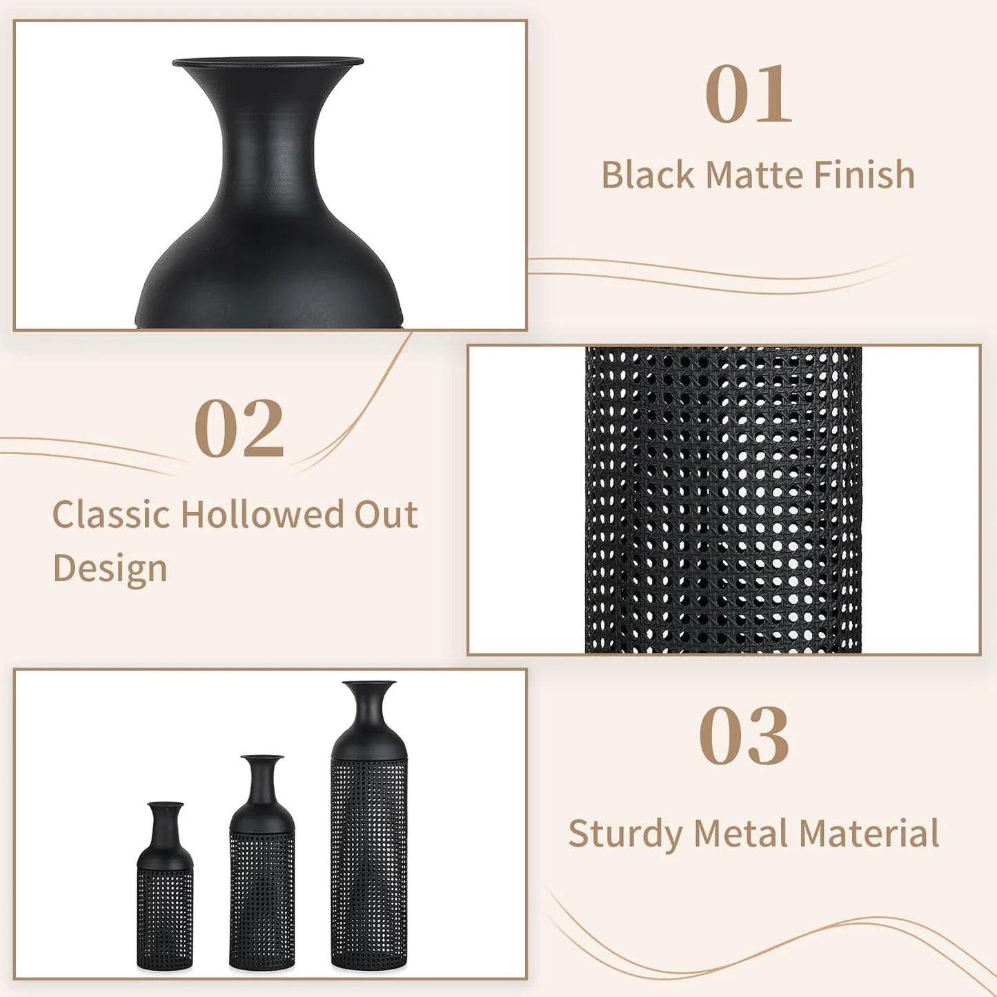 Black Large Floor Vases: Tall Vases Floor Standing for Living Room 27/20/16in - Metal Tall Floor Vase Set of 3 - Modern Oversized Floor Vase for Bedroom Kitchen Fireplace Corner