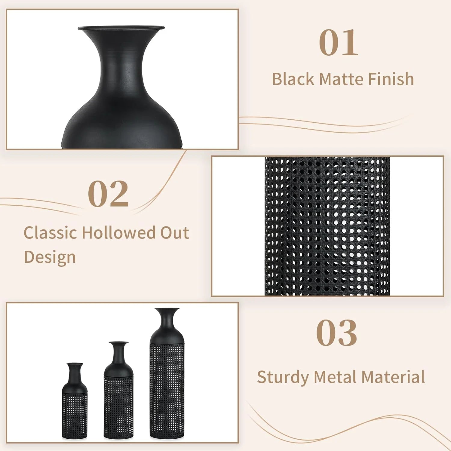 Black Large Floor Vases: Tall Vases Floor Standing for Living Room 27/20/16in - Metal Tall Floor Vase Set of 3 - Modern Oversized Floor Vase for Bedroom Kitchen Fireplace Corner