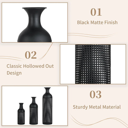 Black Large Floor Vases: Tall Vases Floor Standing for Living Room 27/20/16in - Metal Tall Floor Vase Set of 3 - Modern Oversized Floor Vase for Bedroom Kitchen Fireplace Corner