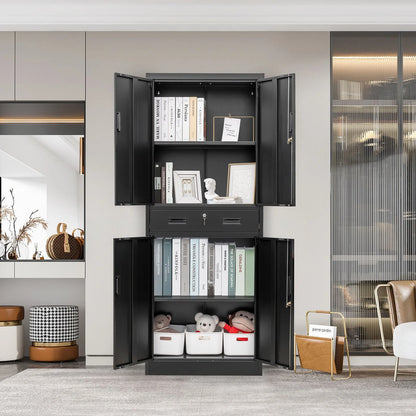 Metal Storage Cabinets with 1 Drawer and Adjustable Shelves, Locking Storage Cabinet for Pantry Kitchen Home Office Garage Living Dining Room (White)