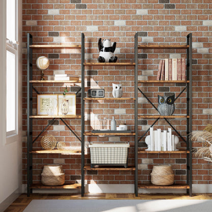 IRONCK Triple Wide 5 Tiers Industrial Bookcases and Bookshelves, Large Open Display Shelves with Metal Frame for Living Room Bedroom Home Office, Vintage Brown