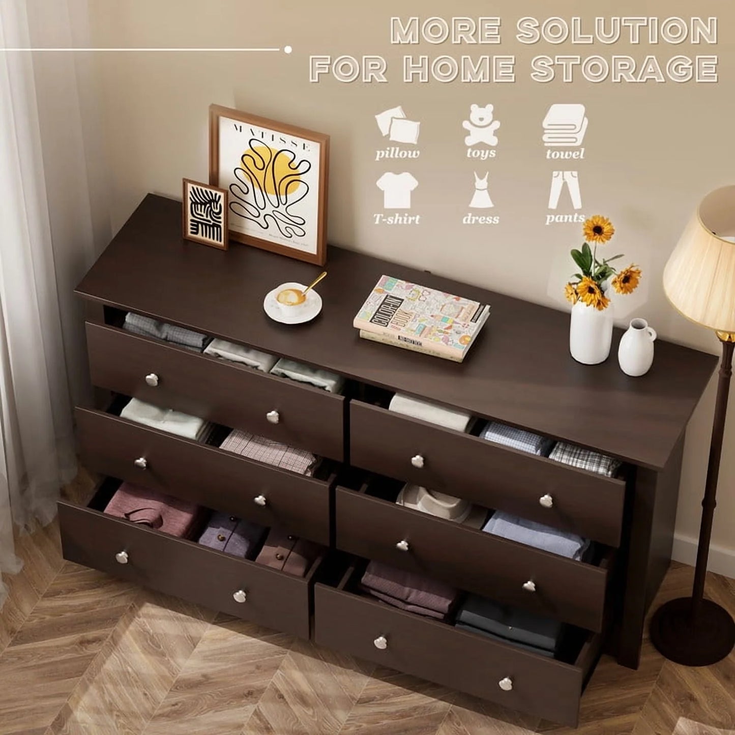 Lumihaven Rustic Modern Chest of 6 Drawers,Extra Wide Double Dresser for Master Bedroom or Nursery Storage,Black