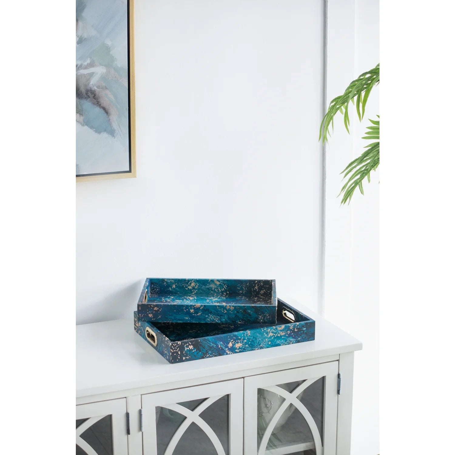 A& B Home Decorative Tray with Handles - Modern Minimalist Style Faux Leather Set of 2 Perfume Tray for Ottoman Couch Centerpiece Table Decor, Blue
