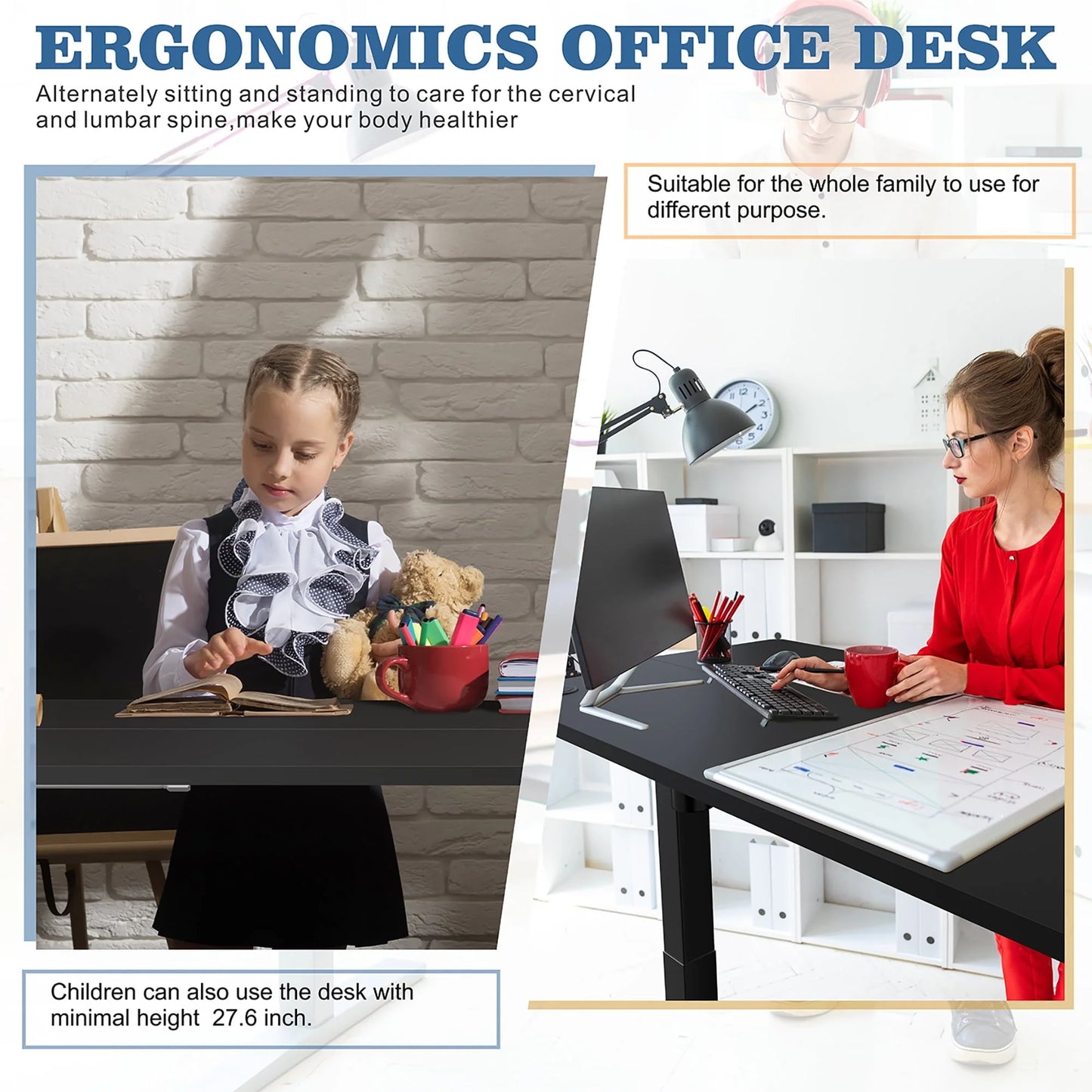 Walsunny 63" x 24" Electric Height Adjustable Standing Desk Home Office Stand Up Computer Desk(Black Top + Black Frame)