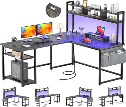 Homieasy L Shaped Desk with Power Outlet & USB Ports, 86.6'' Reversible L-Shaped Gaming Desk with Monitor Stand & LED Strip, 2 Person Corner Computer Desk with Hutch for Home Office, Grey Oak