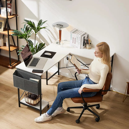 L Shaped Computer Desk - Gaming Corner 50 Inch PC White Writing Study Student Table with Wooden Desktop CPU Stand Side Bag Reversible for Home Office Room Small Space, White
