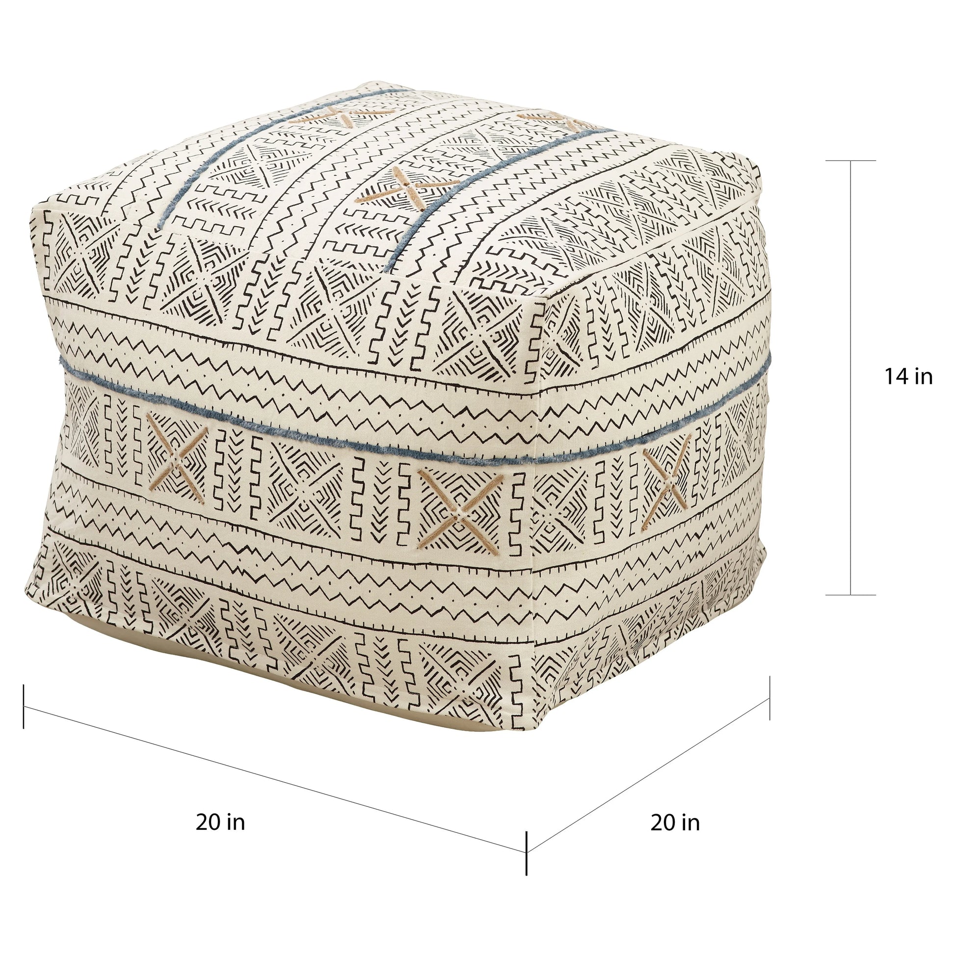 Saro Lifestyle PU663.W 20 x 20 x 14 in. Abstract Design Mudcloth Pouf, White
