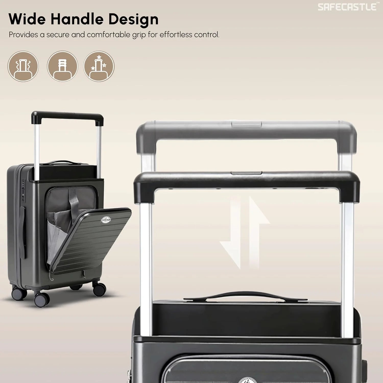 SAFECASTLE 24-Inch PC Hardshell Suitcase Wide Handle Design, Spinner Wheels, Travel Makeup Bag & Protective Luggage Cover Included Lightweight, Durable and Spacious Luggage in Black Single Unit