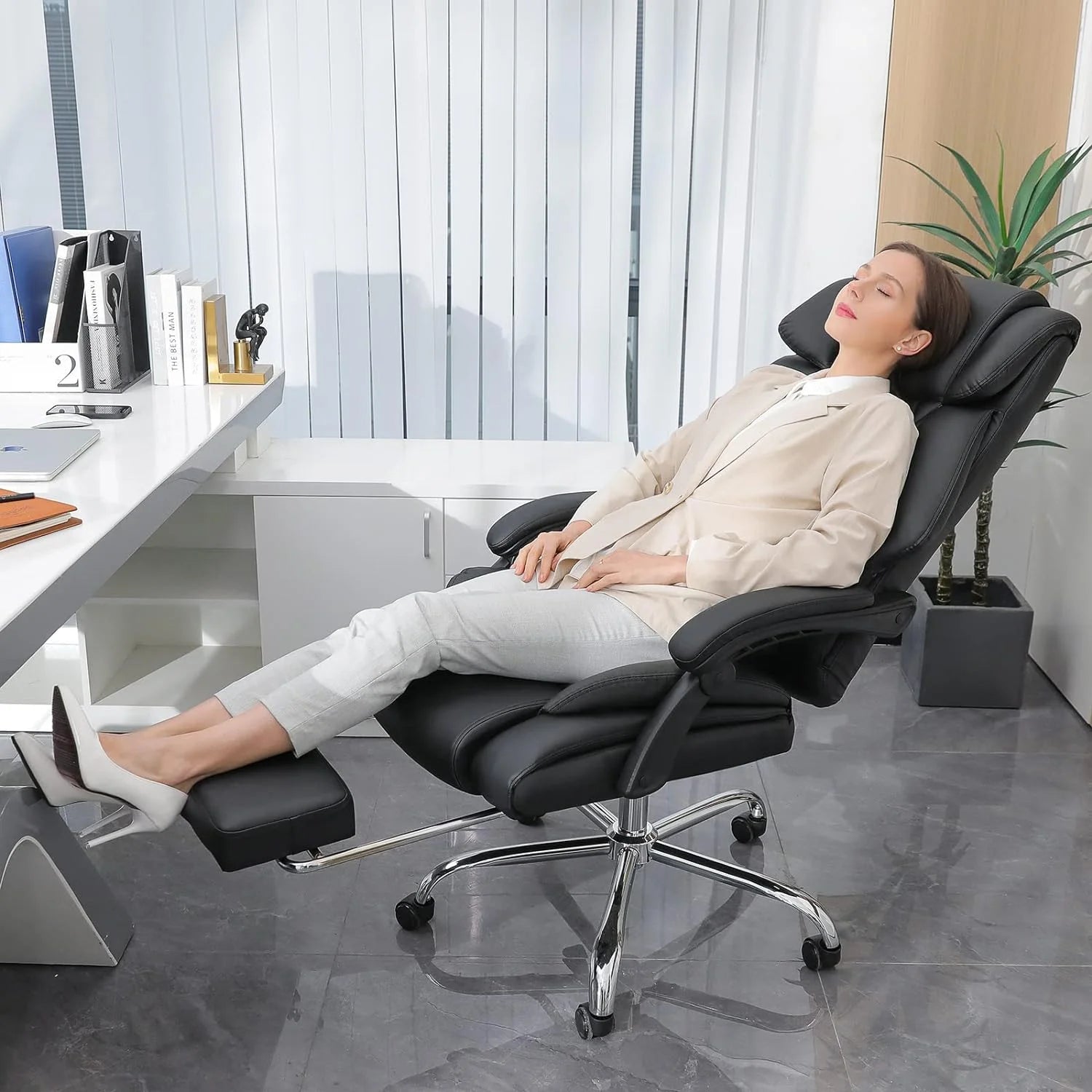 Hoffree Executive Office Chair Big and Tall Office Chair with Footrest Reclining Leather Chair High Back Ergonomic Computer Desk Chair with Lumbar Back Support for Home Office 500lbs, Black