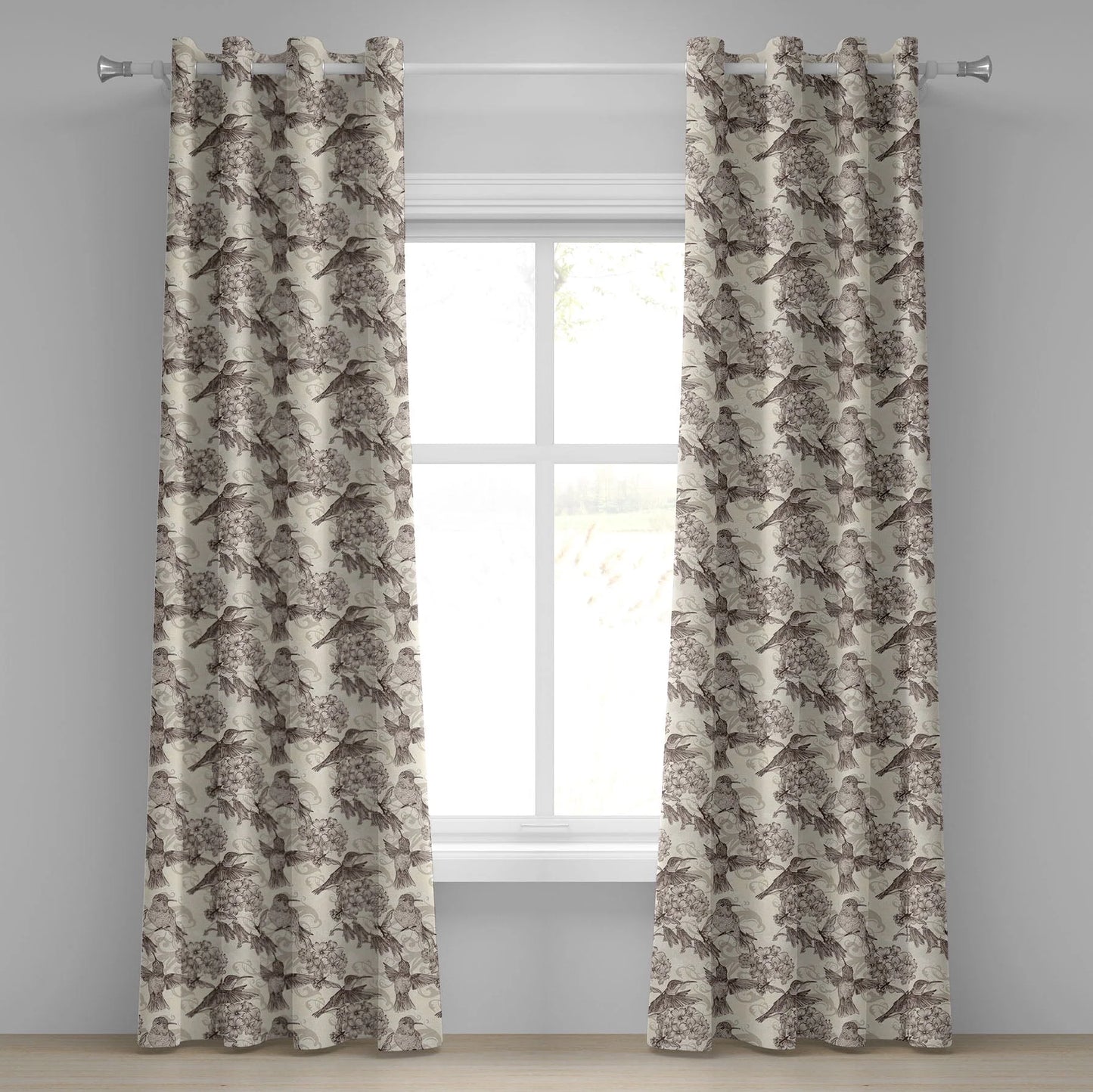Hummingbirds Grommet Curtain, Birds and Flowers Monochromic Classical Design Nostalgia Ornate, Decorative 2-Panel Window Drapes for Bedroom Living Room, 50" x 120", Cream Beige Brown, by Ambesonne