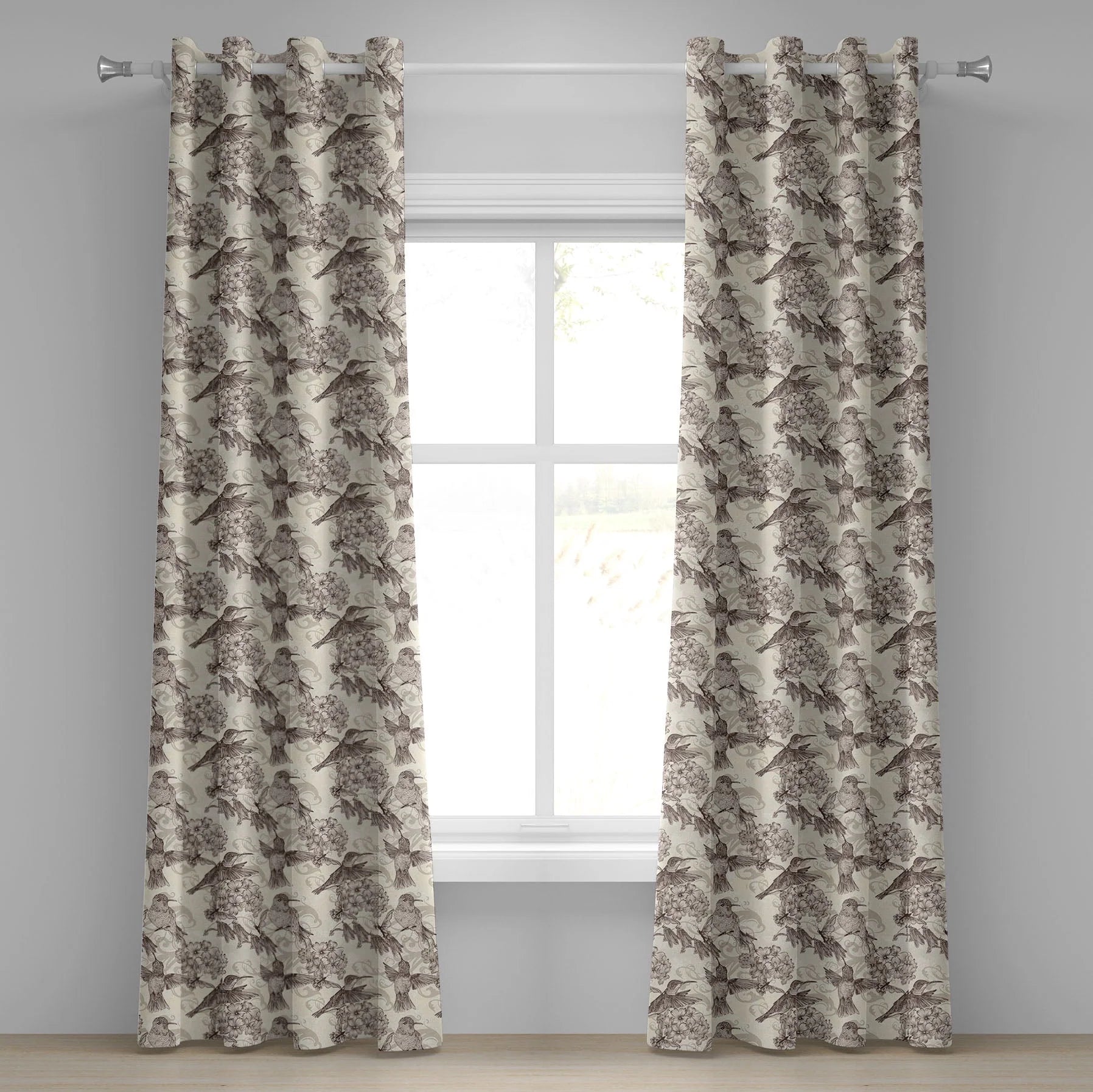 Hummingbirds Grommet Curtain, Birds and Flowers Monochromic Classical Design Nostalgia Ornate, Decorative 2-Panel Window Drapes for Bedroom Living Room, 50" x 120", Cream Beige Brown, by Ambesonne