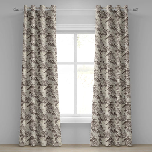 Hummingbirds Grommet Curtain, Birds and Flowers Monochromic Classical Design Nostalgia Ornate, Decorative 2-Panel Window Drapes for Bedroom Living Room, 50" x 120", Cream Beige Brown, by Ambesonne