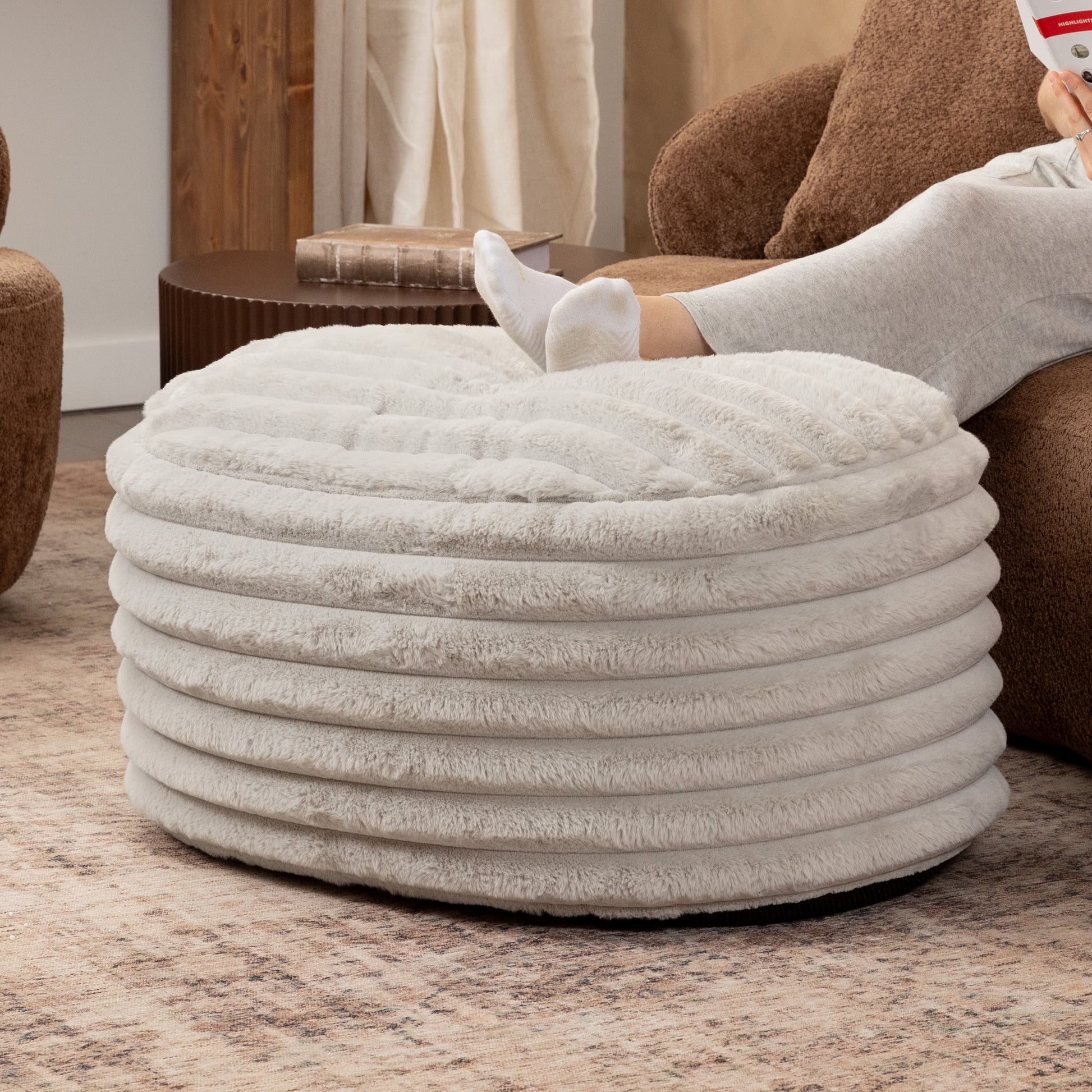 Jaxx Paran Accent Pouf - Fluffy Faux Fur Ottoman for Modern Interior Design, Large, Black