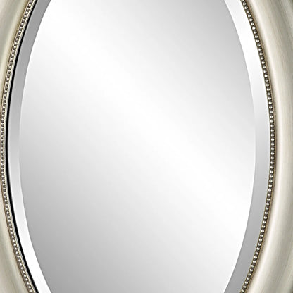 29 Inch Wood Wall Mirror, Beaded Oval Shape, Metallic Silver, Saltoro Sherpi