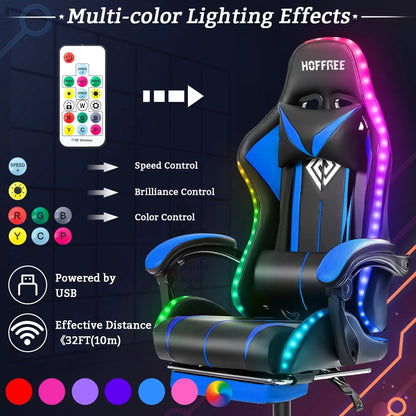Hoffree Gaming Chair with Massage PU Leather Office Chair with Footrest and LED Light Ergonomic Gamer Chair Lumbar Support Adjustable Headrest High Back Computer Desk Chair for Home Office