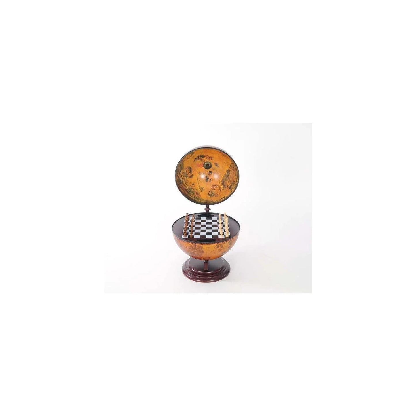 Red Globe with Chess Set - Antique World Map & Fresco Decor - 15"L x 13"W x 19"H