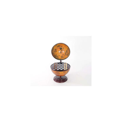 Red Globe with Chess Set - Antique World Map & Fresco Decor - 15"L x 13"W x 19"H