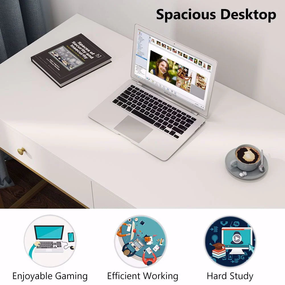 TribeSigns Computer Desk, Modern Simple 47 inch Home Office Desk Study Table Writing Desk with 2 Storage Drawers, Makeup Vanity Console Table, White and Gold