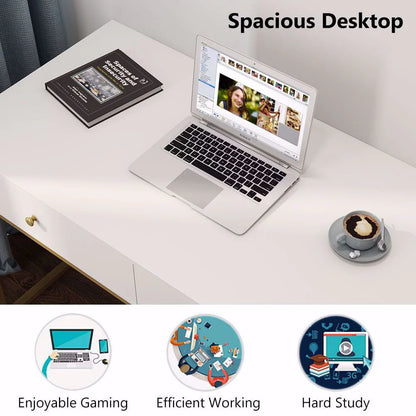 TribeSigns Computer Desk, Modern Simple 47 inch Home Office Desk Study Table Writing Desk with 2 Storage Drawers, Makeup Vanity Console Table, White and Gold