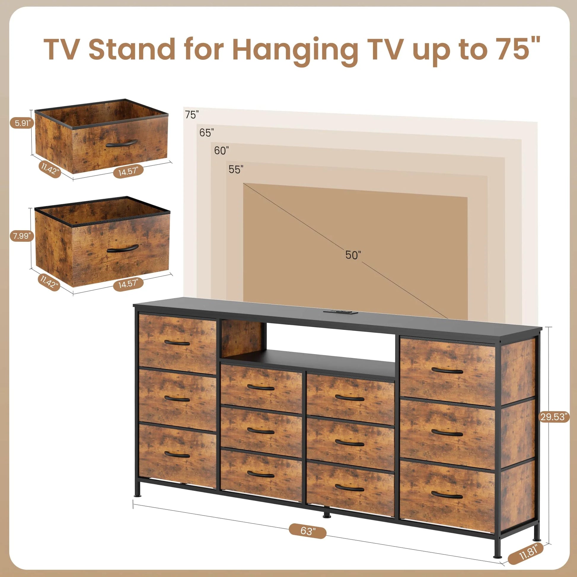Danolapsi 12-Drawer Dresser with Charging Station & LED Lights, Fabric Chest of Drawers with Sturdy Metal Frame, Wood Top TV Stand, Storage Organizer for Bedroom, Closet, Entryway, Nursery