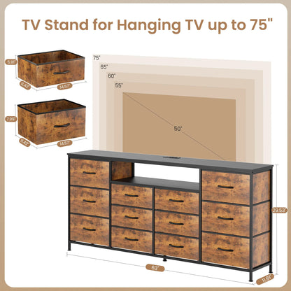 Danolapsi 12-Drawer Dresser with Charging Station & LED Lights, Fabric Chest of Drawers with Sturdy Metal Frame, Wood Top TV Stand, Storage Organizer for Bedroom, Closet, Entryway, Nursery