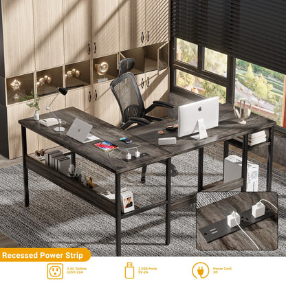 Homieasy Reversible L Shaped Desk with Magic Power Outlets and USB Charging Ports, Sturdy Corner Computer Desk with Storage Shelves, Gaming Table Home Office Desk, Easy to Assemble, Black Oak