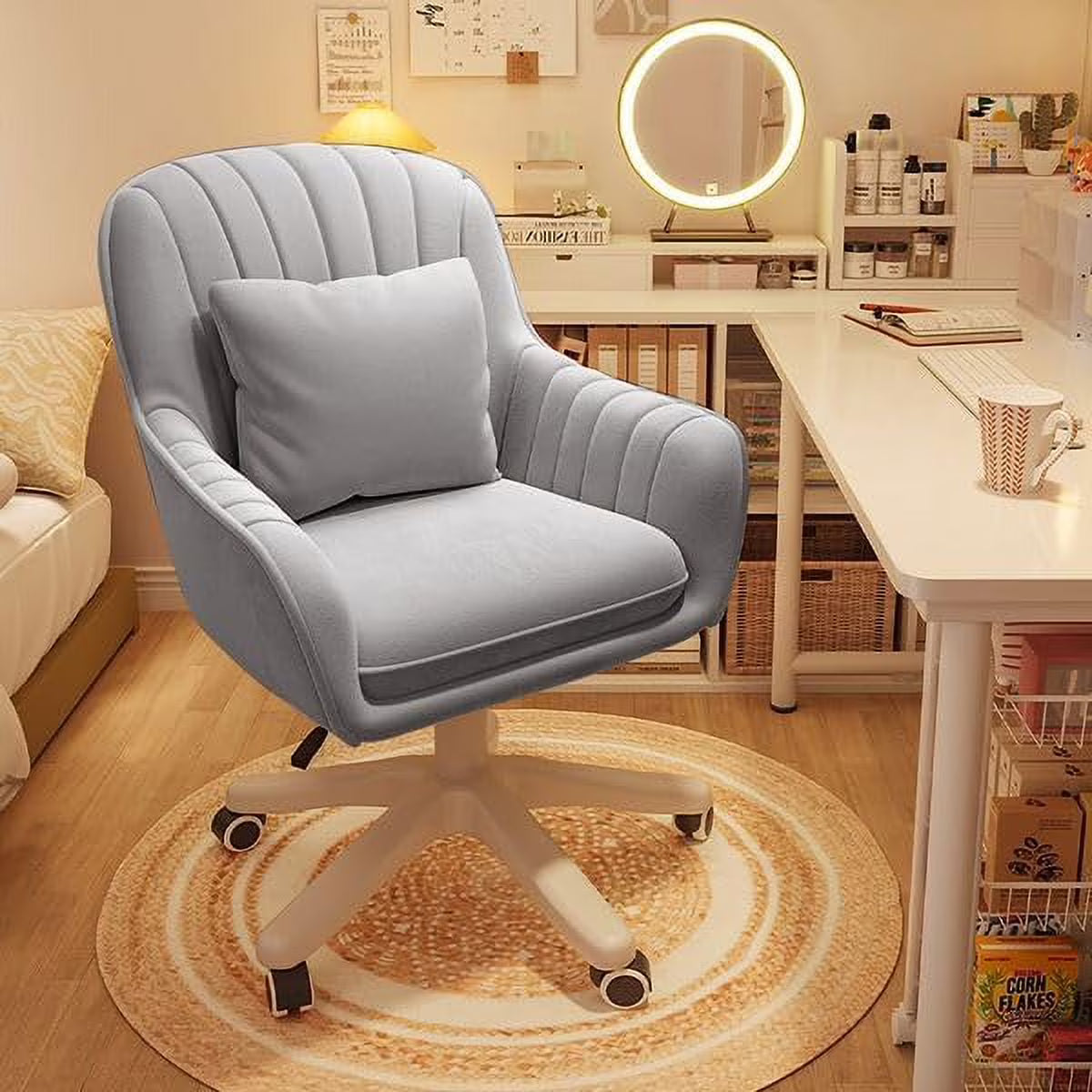 Home Office Chair Computer Chair with Mid-Back Upholstered Modern Tufted Computer Task Chair Swivel Height Adjustable Velvet Accent Chair.White