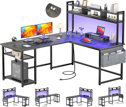 Homieasy L Shaped Desk with Power Outlet & USB Ports, 86.6'' Reversible L-Shaped Gaming Desk with Monitor Stand & LED Strip, 2 Person Corner Computer Desk with Hutch for Home Office, Grey Oak