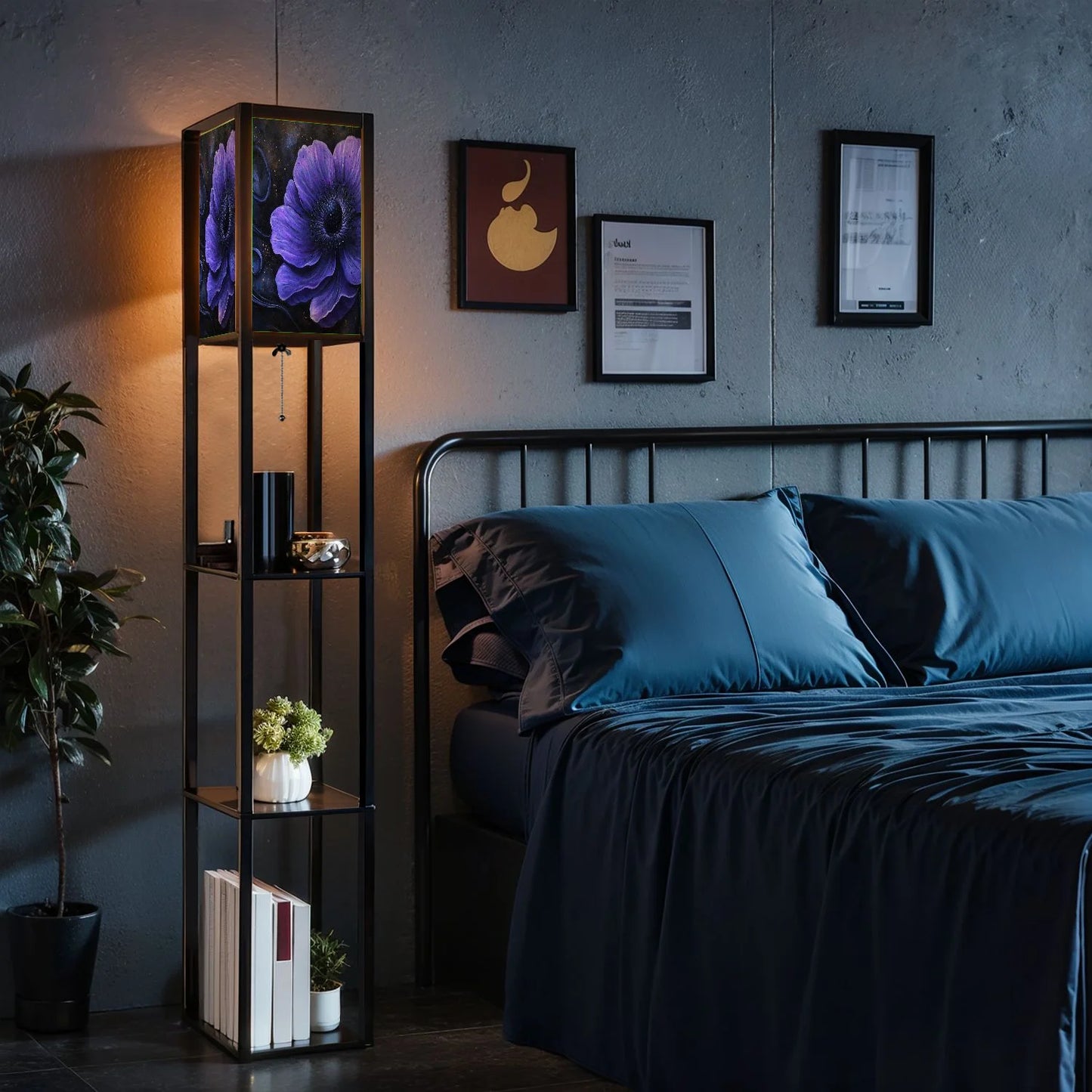 Floor Lamp with Shelves Corner Display Bookshelf Lamp for Living Room and Bedroom Purple Purple Wall Decor Purple Flower LED Modern Shelf Floor Lamp 3 Color Temperature