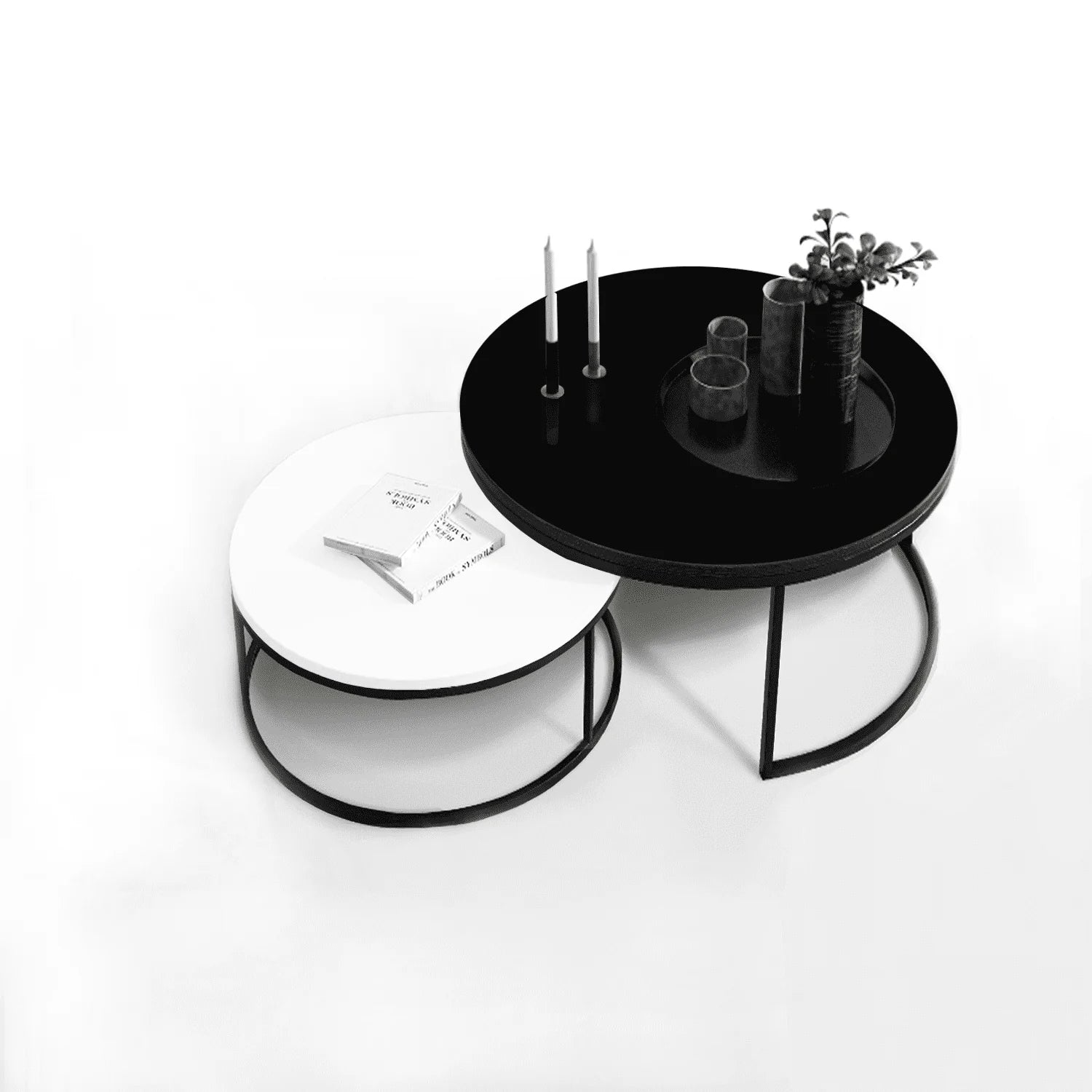 2 Round Tea Table Coffee Table Desk Sets | Black & White - Twin Sets Multi Function Wood & Steel Living Room Home Decor Polished Surface Overlapping Ending Tables Cocktail Table