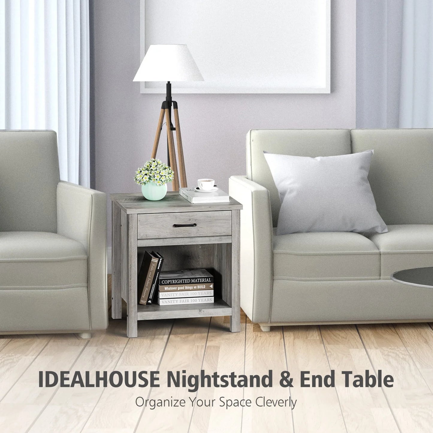 Wooden Nightstand Side Table, Bedside Table End Table for Bedroom Nursery Living Room with Storage Drawer, Rustic Grey