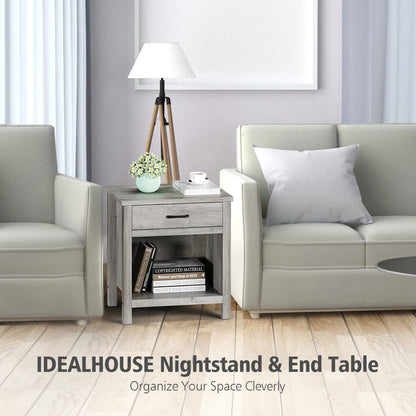 Wooden Nightstand Side Table, Bedside Table End Table for Bedroom Nursery Living Room with Storage Drawer, Rustic Grey