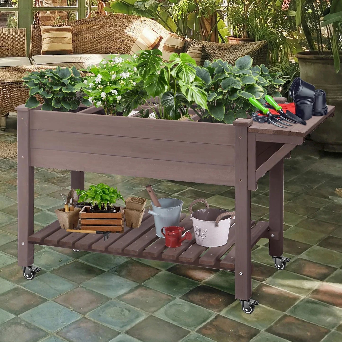 MEDEHOO Elevated Wooden Planter Box with Locking Casters - 52.7" L x 22" W x 30" H Raised Garden Bed, Removable Liner & 230lb Weight Capacity for Outdoor Plants