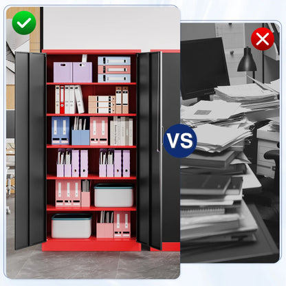 AUHUP 71" Metal Cabinet with Locking Doors and 5 Adjustable Shelves, Red Black Garage Storage Cabinet for Warehouse, Basement, Home Office, Tool File Storage Utility Cabinets
